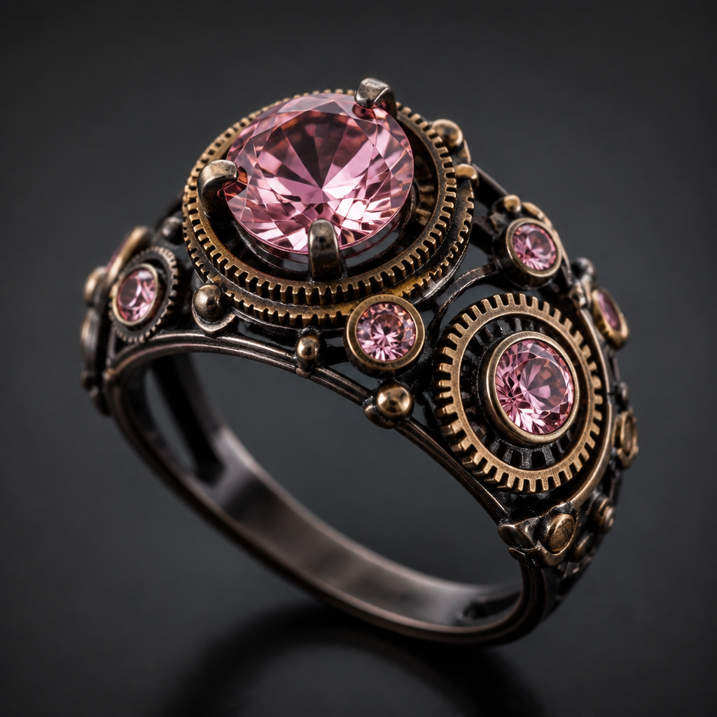 A women's ring. кольцо в стиле стимпанк с розовыми камнями
photorealistic jewelry design, A women's ring. кольцо в стиле стимпанк с розовыми камнями, modern style, just the design no text