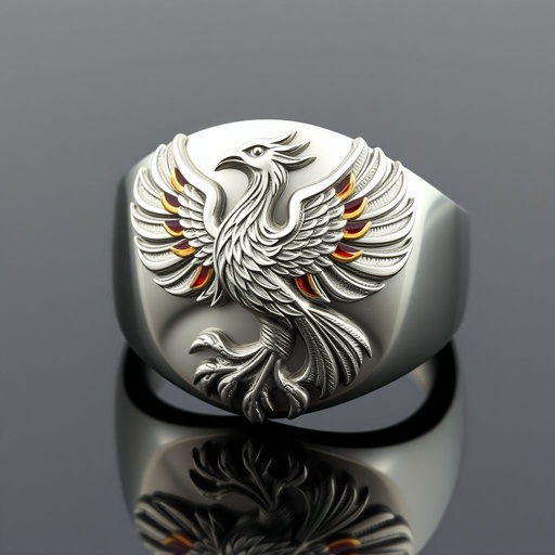 A platinum segnit ring with a phoenix symbol on it for men