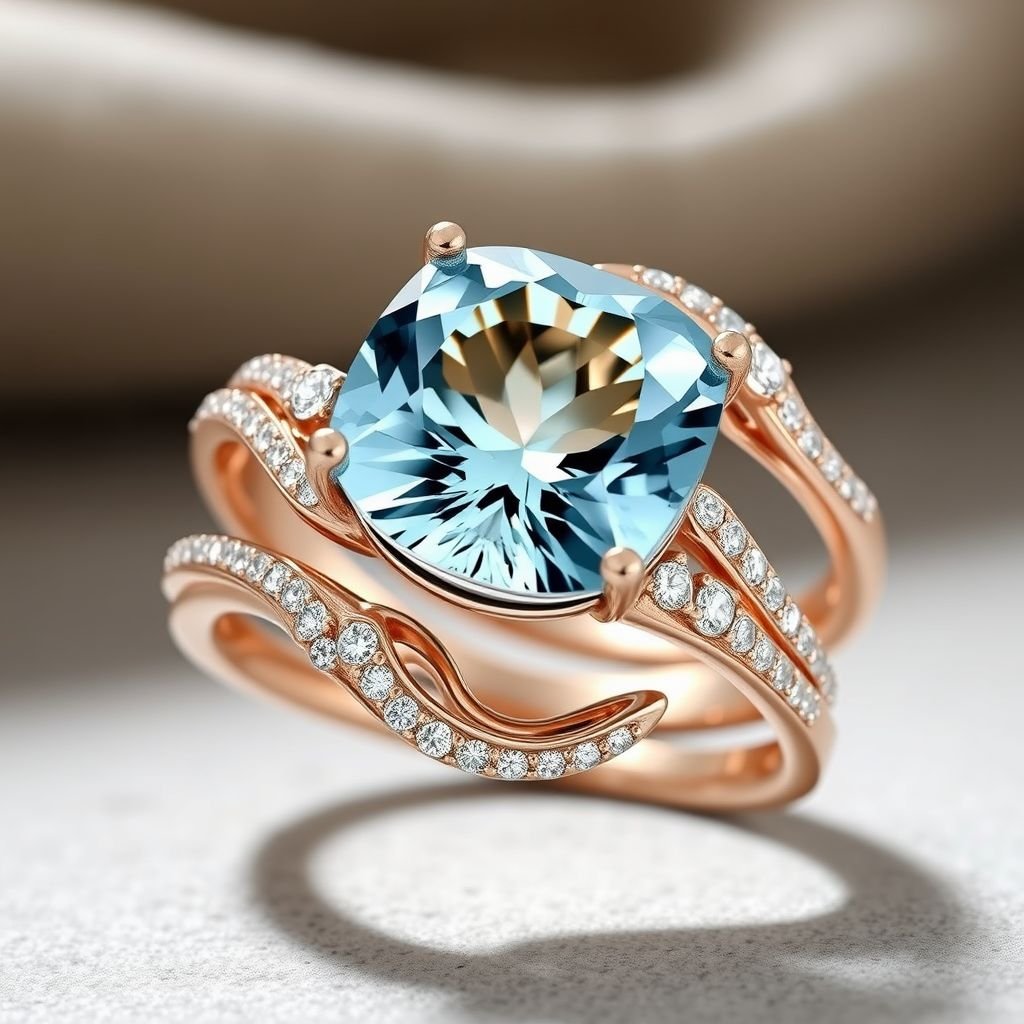A aquamarine gemstone rose cut and diamond gemstones trillion, 30, with VVS and M carat multi ring