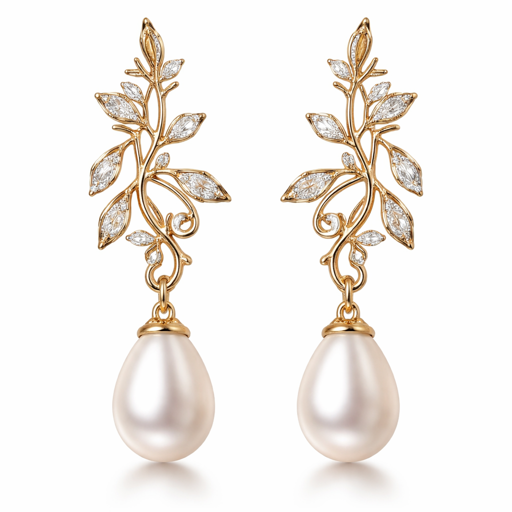 Small Gold pearl drop earrings with an olive branch and vine design and small white diamonds