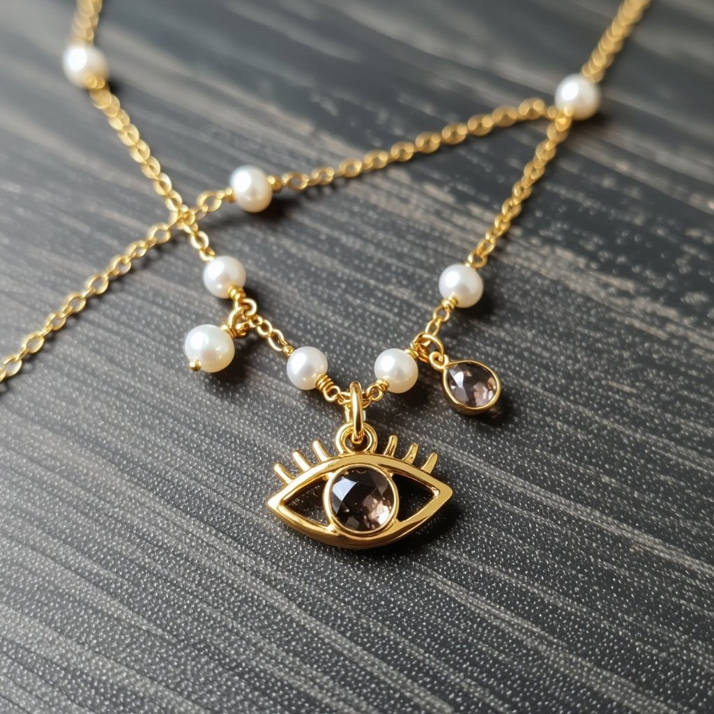 Тонкая цепочка с золотыми шариками и мелкими жемчужными камушками на цепочке есть кулон в форме глаза, зрачок глаза из раухтопаза от глаза идет маленькая подвеска с маленьким камушком 