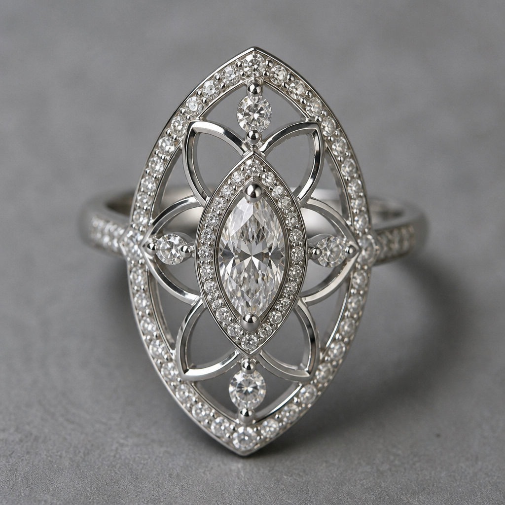 A women's ring made of silver with diamond stones. bague style mandala feminin delicat et metal avec de fine ligne, de forme oval exterieur pierre marquise au centre
photorealistic jewelry design, A women's ring made of silver with diamond stones. bague style mandala feminin delicat et metal avec de fine ligne, de forme oval exterieur pierre marquise au centre, modern style, just the design no text