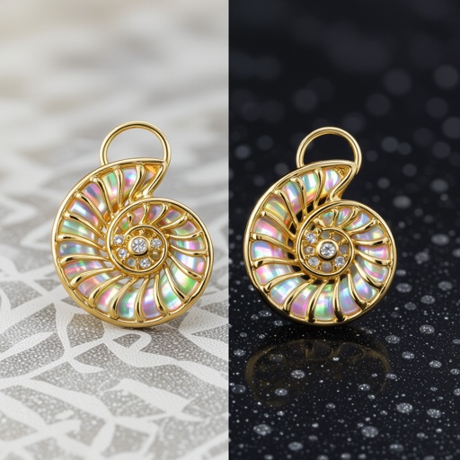 Золотые серьги в виде золотой спиральной ракушки украшенной тремя маленькими камнями 