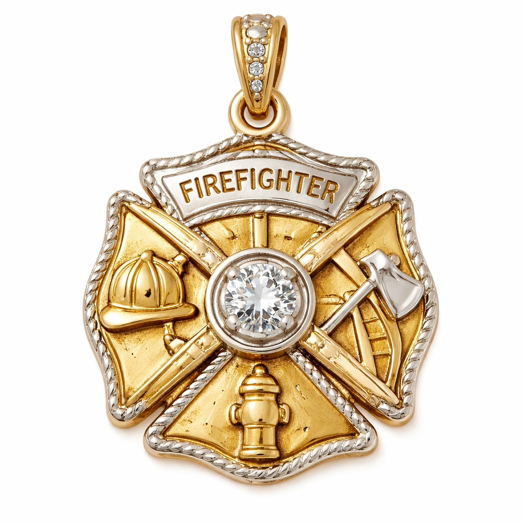 Firefighter Maltese charm two tone gold with a diamond in the center