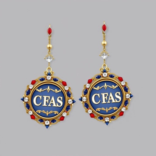 Red white and blue medal earrings that says CFAS