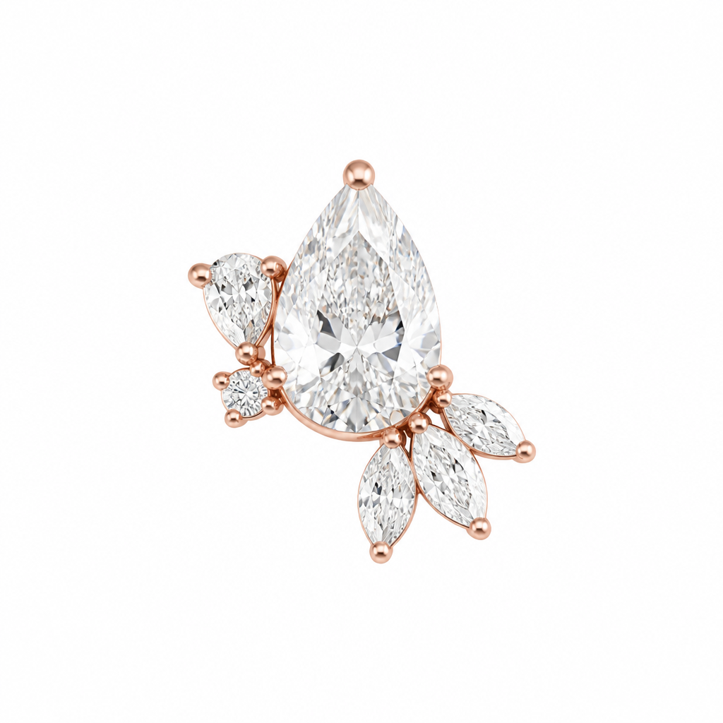 ''''pear shape center with very small 3 marquis on lower right side and one very small pear on left side with very small round on left side in rose gold setting"
photorealistic jewelry design, ''''pear shape center with very small 3 marquis on lower right side and one very small pear on left side with very small round on left side in rose gold setting", just the design no text