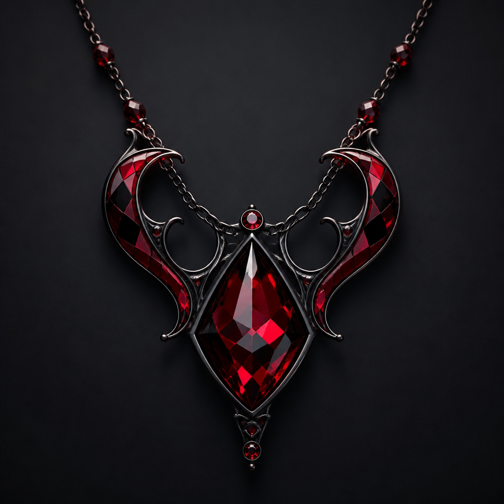 Make me a necklace that's Red and a dark blood red using a black and slightly lighter then blood red, red checkered pattern. Make it have a magiciany touch to it.
photorealistic jewelry design, Make me a necklace that's Red and a dark blood red using a black and slightly lighter then blood red, red checkered pattern. Make it have a magiciany touch to it., modern style, just the design no text