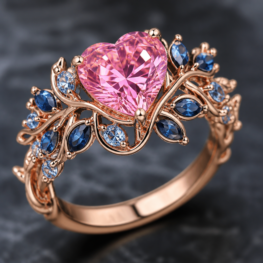 A women's ring with topaz and sapphire stones suitable for engagement, highly ornate, intricate and elaborate, richly detailed. a joia sentrau e da cor rosa com o formato de coração a parte que segura e entrelasada como se fose arbustos intreladadi e perto da joia com folhas