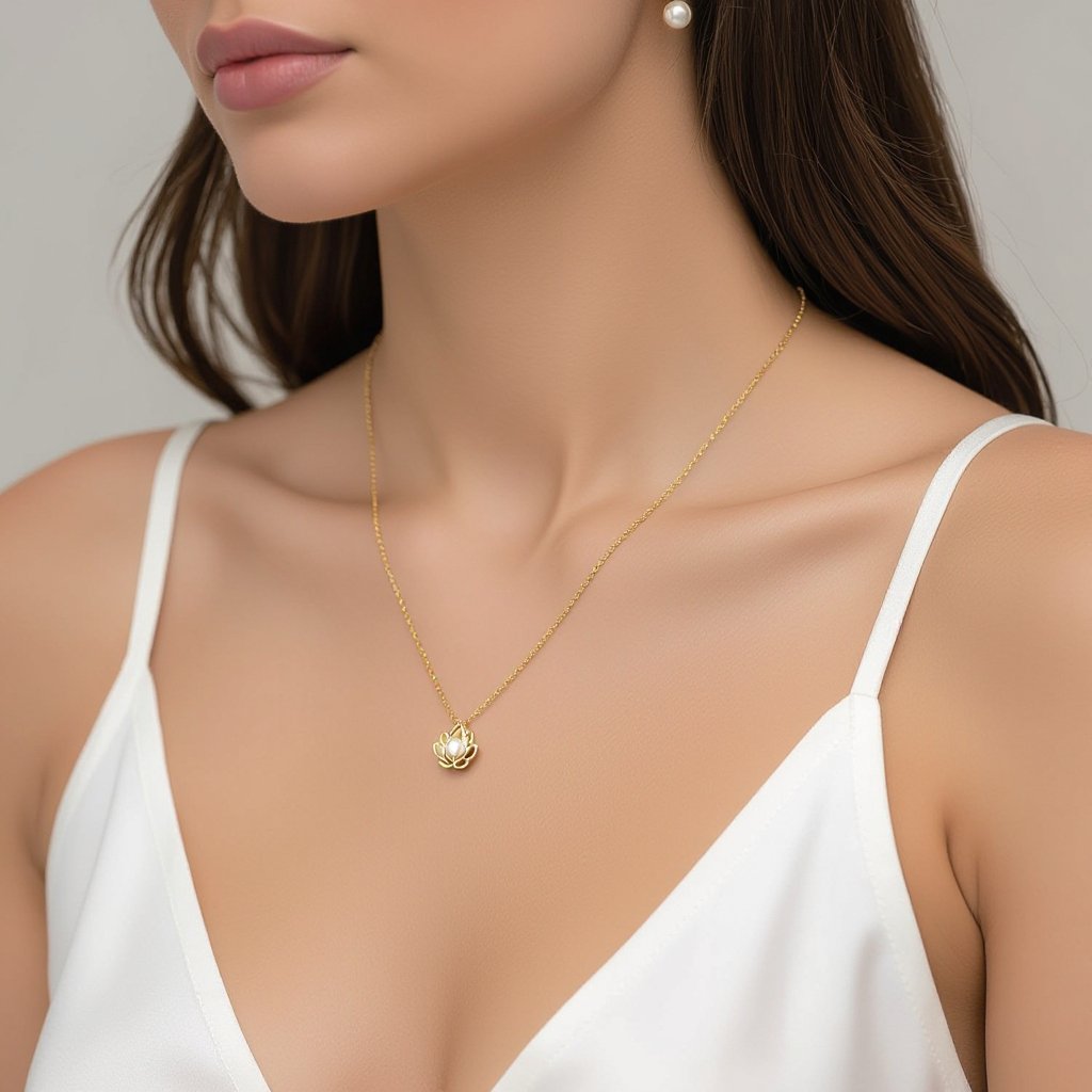 Украшение на шею золотая цепочка с подвеской в виде цветка лотоса с жемчугом по центру