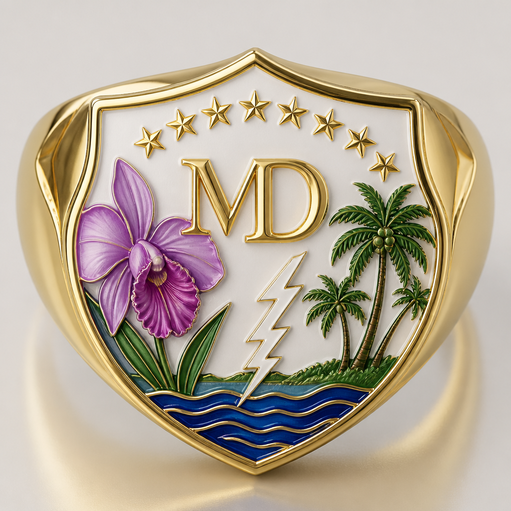 A women's ring. 1. **Material:** Acero inoxidable quirúrgico (duradero y brillante).
2. **Elemento Central:** Iniciales **M D** en relieve dorado.
3. **Protagonista:** Una **Orquídea (Flor de Mayo)** esmaltada en tonos morados y lilas en un lateral del escudo.
4. **Símbolos Patrios y Regionales:**
* Arco de **8 estrellas** amarillas.
* Grabado de **Palmas de Coco** verdes.
* Base con ondas de azul profundo (**Lago**) y un rayo blanco (**Catatumbo**).
5. **Lema en Wayuunaiki:**
> **Waneepiaa • Kojutaa • Atüjaa**
> *(Lealtad • Honor • Sabiduría)*
es un collar de con estilo escudo clásico
photorealistic jewelry design, A women's ring. 1. **Material:** Acero inoxidable quirúrgico (duradero y brillante).
2. **Elemento Central:** Iniciales **M D** en relieve dorado.
3. **Protagonista:** Una **Orquídea (Flor de Mayo)** esmaltada en tonos morados y lilas en un lateral del escudo.
4. **Símbolos Patrios y Regionales:**
* Arco de **8 estrellas** amarillas.
* Grabado de **Palmas de Coco** verdes.
* Base con ondas de azul profundo (**Lago**) y un rayo blanco (**Catatumbo**).
5. **Lema en Wayuunaiki:**
> **Waneepiaa • Kojutaa • Atüjaa**
> *(Lealtad • Honor • Sabiduría)*
es un collar de con estilo escudo clásico, modern style, just the design no text