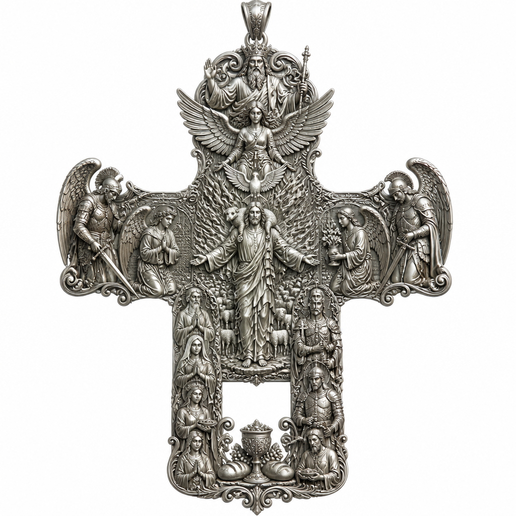A sculptural women's pendant made of silver suitable for festival. An extraordinary excellent beautiful delicate and elegant, super modern Cross, without stones, without background only the Cross, with Jesus Christ as the Good Shepherd with a beautiful delicate and elegant face, with long hair, with a beautiful delicate elegant and fit body, with His hands wide open to receive all of us, with a beautiful delicate elegant and beautifully ornated tunic, with a beautiful delicate and elegant sheep on His shoulders, with a beautiful delicate and elegant flock of beautiful delicate and elegant sheep backward of Him. Over Jesus Christ and the flock to be placed the Holy Spirit as an Angel with a beautiful delicate and elegant face, with long hair, with big wings flying, with a beautiful delicate elegant and fit body, with a beautiful delicate elegant and beautifully ornated tunic under the Angel to be placed a beautiful delicate and elegant dove flying both of them the Angel and the dove to be surrounded by tongues of fire radiating light to Jesus Christ and the flock. Over the Holy Spirit to be placed God the Father with a beautiful delicate and elegant face, with long hair, with a beautiful delicate elegant and fit body, with a beautiful delicate and elegant tunic, with a beautiful delicate and elegant sceptre at His left hand blessing the world with His right hand, with a beautiful delicate elegant and beautifully ornated crown on His head. At the bottom of the Cross to be placed the Holy Communion with a beautiful delicate elegant and beautifully ornated chalice and two breads around the chalice. At the lower right side of the Cross to be stacked one by one Saint John the Baptist with a beautiful delicate elegant and beautifully ornated platter with his head on it. Over Saint John the Baptist to be placed Saint Constantine with a beautiful delicate and elegant face, with long hair, with a beautiful delicate and elegant crown on his head, with a beautiful delicate elegant and fit body, with a beautiful delicate and elegant armour holding a beautiful delicate elegant and beautifully ornated Cross. Over Saint Constantine to be placed Saint George with a beautiful delicate and elegant face, with long hair, with a beautiful delicate elegant and beautifully ornated helmet with a beautiful delicate elegant and fit body, with a beautiful delicate elegant and beautifully ornated armour, holding a beautiful delicate and elegant sword with his right hand at low position and near the floor giving respect to the Holy Trinity and Praying. Over Saint George to be placed Saint Peter the Apostle Praying. At the left lower side of the Cross to be placed stacked Saint Paraskevi with a beautiful delicate and elegant face, with long hair, with a beautiful delicate elegant and beautifully curved body, with a beautiful delicate elegant and beautifully ornated tunic holding a bowl with two eyes in it. Over Saint Paraskevi to be placed Saint Irene with a beautiful delicate and elegant face, with long hair, with a beautiful delicate elegant and beautifully ornated wreath on her head, with a beautiful delicate elegant and beautifully curved body, with a beautiful delicate elegant and beautifully ornated tunic Praying. Over Saint Irene to be placed Virgo Maria with a beautiful delicate and elegant face, with beautifully ornated long hair, with a beautiful delicate elegant and beautifully curved body, with a beautiful delicate elegant and beautifully ornated tunic Praying. Over Virgo Maria to be placed Saint Paul the Apostle Praying. At the right side of the Cross to be placed Saint Michael the Archangel with a beautiful delicate and elegant face, with long hair, with a beautiful delicate elegant and beautifully ornated helmet, with a beautiful delicate elegant and fit body, with big wings flying, with a beautiful delicate elegant and beautifully ornated armour, holding His beautiful delicate elegant and beautifully ornated sword low to the ground giving respect to the Holy Trinity and Praying. In front of Saint Michael the Archangel to be placed Saint Gabriel the Archangel with a beautiful delicate and elegant face, with long hair, with a beautiful delicate elegant and beautifully ornated helmet on His head, with a beautiful delicate elegant and fit body, with big wings flying, with a beautiful delicate elegant and beautifully ornated armour, holding a beautiful delicate elegant and beautifully ornated bucket of lilyes and Praying. At the left side of the Cross to be placed Saint Rafael the Archangel with a beautiful delicate and elegant face, with long hair, with a beautiful delicate elegant and beautifully ornated helmet, with a beautiful delicate elegant and fit body, with big wings flying, with a beautiful delicate elegant and beautifully ornated armour, holding a beautiful delicate elegant and beautifully ornated sword with his right hand low giving respect to the Holy Trinity and Praying. In front of Saint Rafael the Archangel to be placed the Guardian Angel with a beautiful delicate and elegant face, with long hair, with a beautiful delicate elegant and beautifully ornated with flowers wreath on His head, with a beautiful delicate elegant and fit body, with a beautiful delicate elegant and beautifully ornated tunic Praying. Make all the Angels, the Saints, God the Father, the Holy Spirit and Jesus Christ and the flock as statues.
photorealistic jewelry design, A sculptural women's pendant made of silver suitable for festival. An extraordinary excellent beautiful delicate and elegant, super modern Cross, without stones, without background only the Cross, with Jesus Christ as the Good Shepherd with a beautiful delicate and elegant face, with long hair, with a beautiful delicate elegant and fit body, with His hands wide open to receive all of us, with a beautiful delicate elegant and beautifully ornated tunic, with a beautiful delicate and elegant sheep on His shoulders, with a beautiful delicate and elegant flock of beautiful delicate and elegant sheep backward of Him. Over Jesus Christ and the flock to be placed the Holy Spirit as an Angel with a beautiful delicate and elegant face, with long hair, with big wings flying, with a beautiful delicate elegant and fit body, with a beautiful delicate elegant and beautifully ornated tunic under the Angel to be placed a beautiful delicate and elegant dove flying both of them the Angel and the dove to be surrounded by tongues of fire radiating light to Jesus Christ and the flock. Over the Holy Spirit to be placed God the Father with a beautiful delicate and elegant face, with long hair, with a beautiful delicate elegant and fit body, with a beautiful delicate and elegant tunic, with a beautiful delicate and elegant sceptre at His left hand blessing the world with His right hand, with a beautiful delicate elegant and beautifully ornated crown on His head. At the bottom of the Cross to be placed the Holy Communion with a beautiful delicate elegant and beautifully ornated chalice and two breads around the chalice. At the lower right side of the Cross to be stacked one by one Saint John the Baptist with a beautiful delicate elegant and beautifully ornated platter with his head on it. Over Saint John the Baptist to be placed Saint Constantine with a beautiful delicate and elegant face, with long hair, with a beautiful delicate and elegant crown on his head, with a beautiful delicate elegant and fit body, with a beautiful delicate and elegant armour holding a beautiful delicate elegant and beautifully ornated Cross. Over Saint Constantine to be placed Saint George with a beautiful delicate and elegant face, with long hair, with a beautiful delicate elegant and beautifully ornated helmet with a beautiful delicate elegant and fit body, with a beautiful delicate elegant and beautifully ornated armour, holding a beautiful delicate and elegant sword with his right hand at low position and near the floor giving respect to the Holy Trinity and Praying. Over Saint George to be placed Saint Peter the Apostle Praying. At the left lower side of the Cross to be placed stacked Saint Paraskevi with a beautiful delicate and elegant face, with long hair, with a beautiful delicate elegant and beautifully curved body, with a beautiful delicate elegant and beautifully ornated tunic holding a bowl with two eyes in it. Over Saint Paraskevi to be placed Saint Irene with a beautiful delicate and elegant face, with long hair, with a beautiful delicate elegant and beautifully ornated wreath on her head, with a beautiful delicate elegant and beautifully curved body, with a beautiful delicate elegant and beautifully ornated tunic Praying. Over Saint Irene to be placed Virgo Maria with a beautiful delicate and elegant face, with beautifully ornated long hair, with a beautiful delicate elegant and beautifully curved body, with a beautiful delicate elegant and beautifully ornated tunic Praying. Over Virgo Maria to be placed Saint Paul the Apostle Praying. At the right side of the Cross to be placed Saint Michael the Archangel with a beautiful delicate and elegant face, with long hair, with a beautiful delicate elegant and beautifully ornated helmet, with a beautiful delicate elegant and fit body, with big wings flying, with a beautiful delicate elegant and beautifully ornated armour, holding His beautiful delicate elegant and beautifully ornated sword low to the ground giving respect to the Holy Trinity and Praying. In front of Saint Michael the Archangel to be placed Saint Gabriel the Archangel with a beautiful delicate and elegant face, with long hair, with a beautiful delicate elegant and beautifully ornated helmet on His head, with a beautiful delicate elegant and fit body, with big wings flying, with a beautiful delicate elegant and beautifully ornated armour, holding a beautiful delicate elegant and beautifully ornated bucket of lilyes and Praying. At the left side of the Cross to be placed Saint Rafael the Archangel with a beautiful delicate and elegant face, with long hair, with a beautiful delicate elegant and beautifully ornated helmet, with a beautiful delicate elegant and fit body, with big wings flying, with a beautiful delicate elegant and beautifully ornated armour, holding a beautiful delicate elegant and beautifully ornated sword with his right hand low giving respect to the Holy Trinity and Praying. In front of Saint Rafael the Archangel to be placed the Guardian Angel with a beautiful delicate and elegant face, with long hair, with a beautiful delicate elegant and beautifully ornated with flowers wreath on His head, with a beautiful delicate elegant and fit body, with a beautiful delicate elegant and beautifully ornated tunic Praying. Make all the Angels, the Saints, God the Father, the Holy Spirit and Jesus Christ and the flock as statues., sculptural style, just the design no text