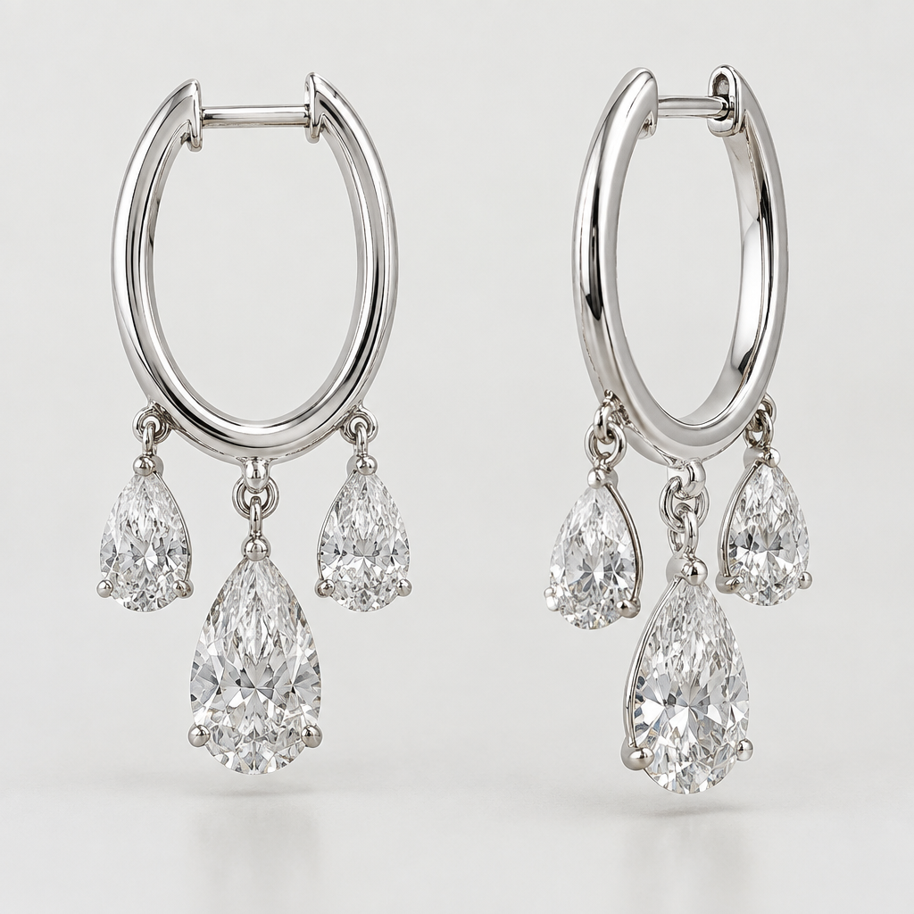 A women's earrings. 9ct white gold hoop diamond earrings .with 3 pear cut drop diamonds on each hoop
photorealistic jewelry design, A women's earrings. 9ct white gold hoop diamond earrings .with 3 pear cut drop diamonds on each hoop, modern style, just the design no text