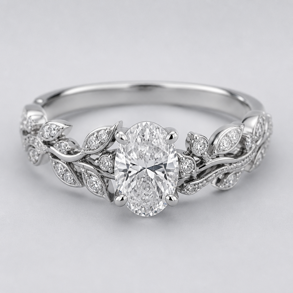 A bespoke/custom women's ring made of white gold with diamond stones suitable for wedding. A 0.70-carat oval diamond is used as the center stone.
photorealistic jewelry design, A bespoke/custom women's ring made of white gold with diamond stones suitable for wedding. A 0.70-carat oval diamond is used as the center stone., bespoke_custom style, just the design no text