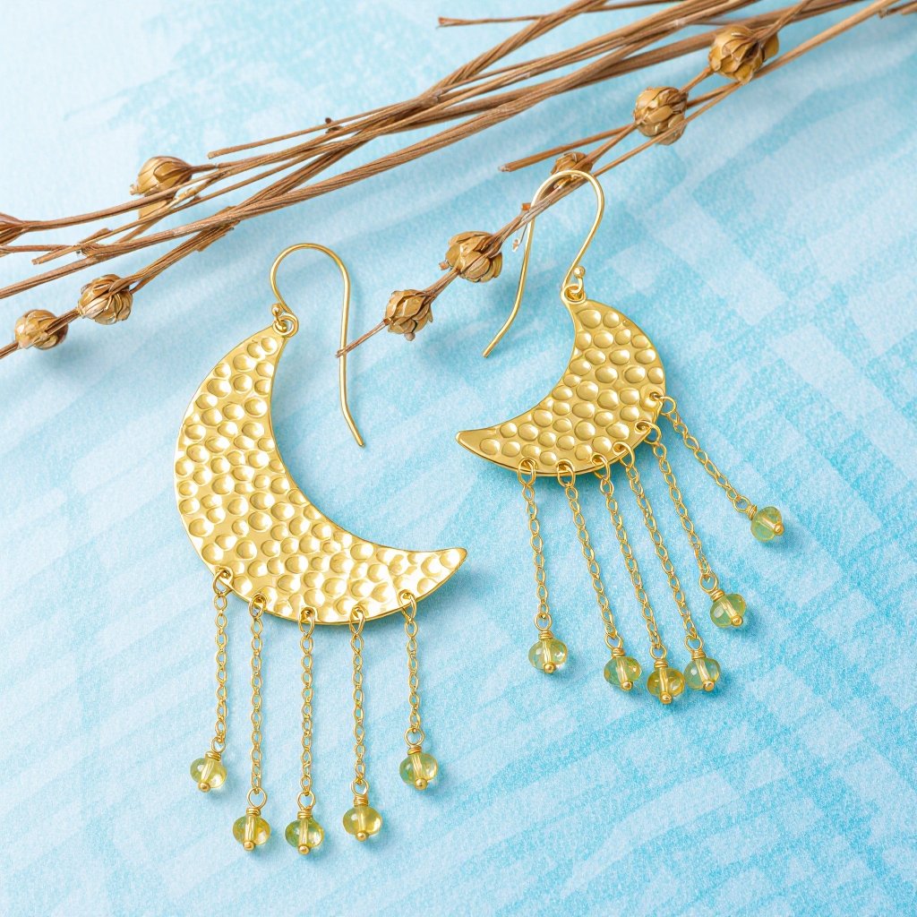 Золотые серьги словно мятое золото в форме узкого изящного полумесяца. Верхушка полумесяца крепится к застежке серьги.  От полумесяца идет три цепочки, у каждой на конце мелкий камушек цитрин