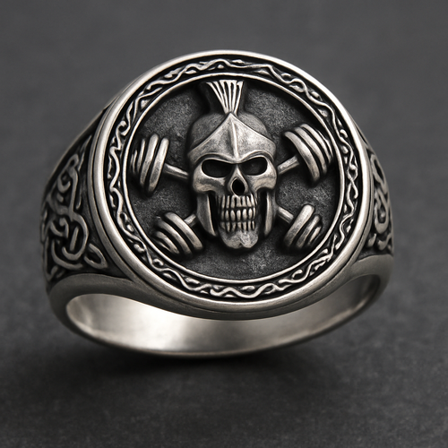 Silver signet ring with spartan skull with barbell gym bro