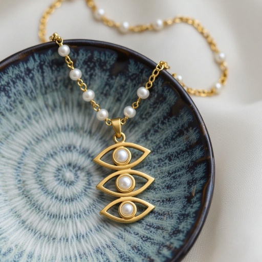 Кулон на длинной цепочке. Матовое светлое золото. В цепочке небольшие золотые шарики и жемчуг. Кулон в форме трех глаз, два горизонтально и один между ними сверху вертикально узоры завитушки 