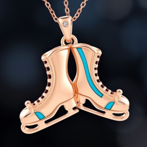 Silver pendant in the shape of ice skating blades with a turquoise stripe within the blade