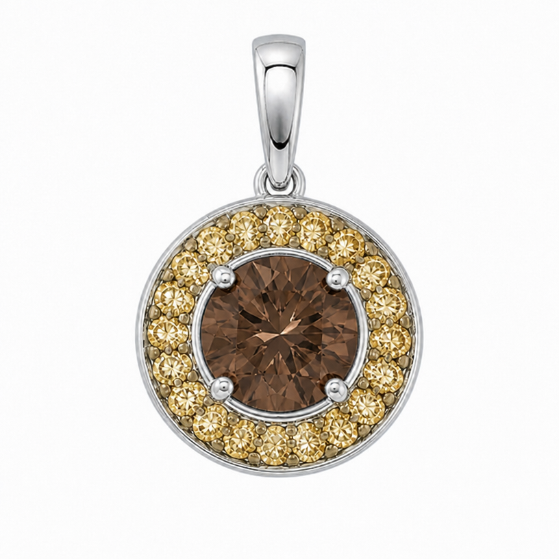 Make surrounding diamonds champagne yellow
edit the attached jewelry design with these instructions: Make surrounding diamonds champagne yellow. keep it photorealistic, just the design no text