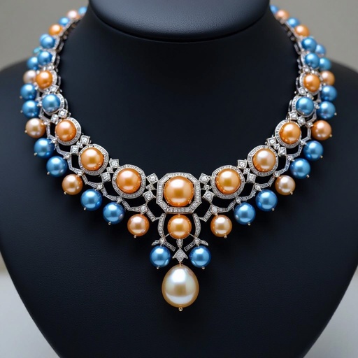 Blue and orange pearls necklace 