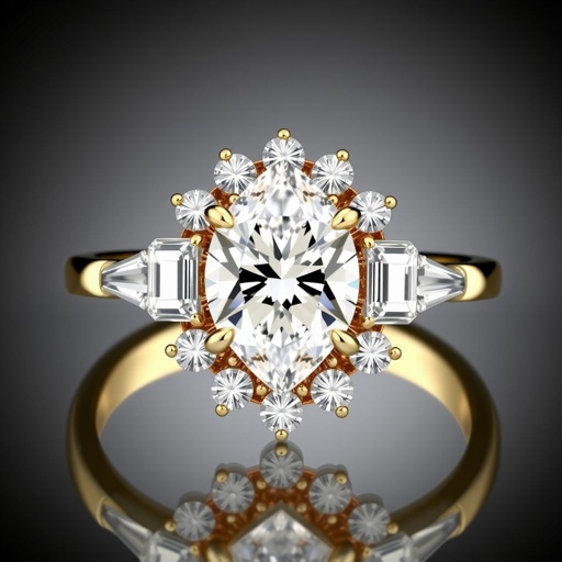Make a 14k gold ring with a 1 carat kite cut salt and pepper diamond and a half halo with one marquise, two baguettes and round diamonds