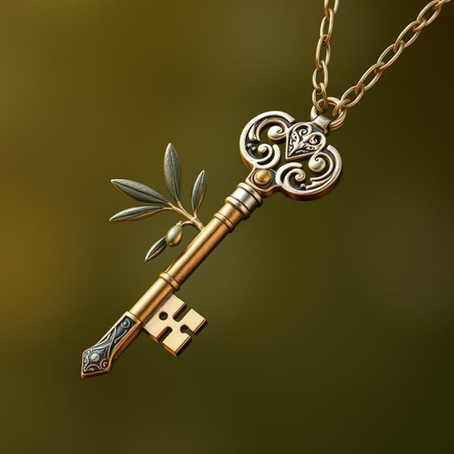 Old skeleton key shape gold and silver tones with olive branch turning on leg and keffieh print on the tip
