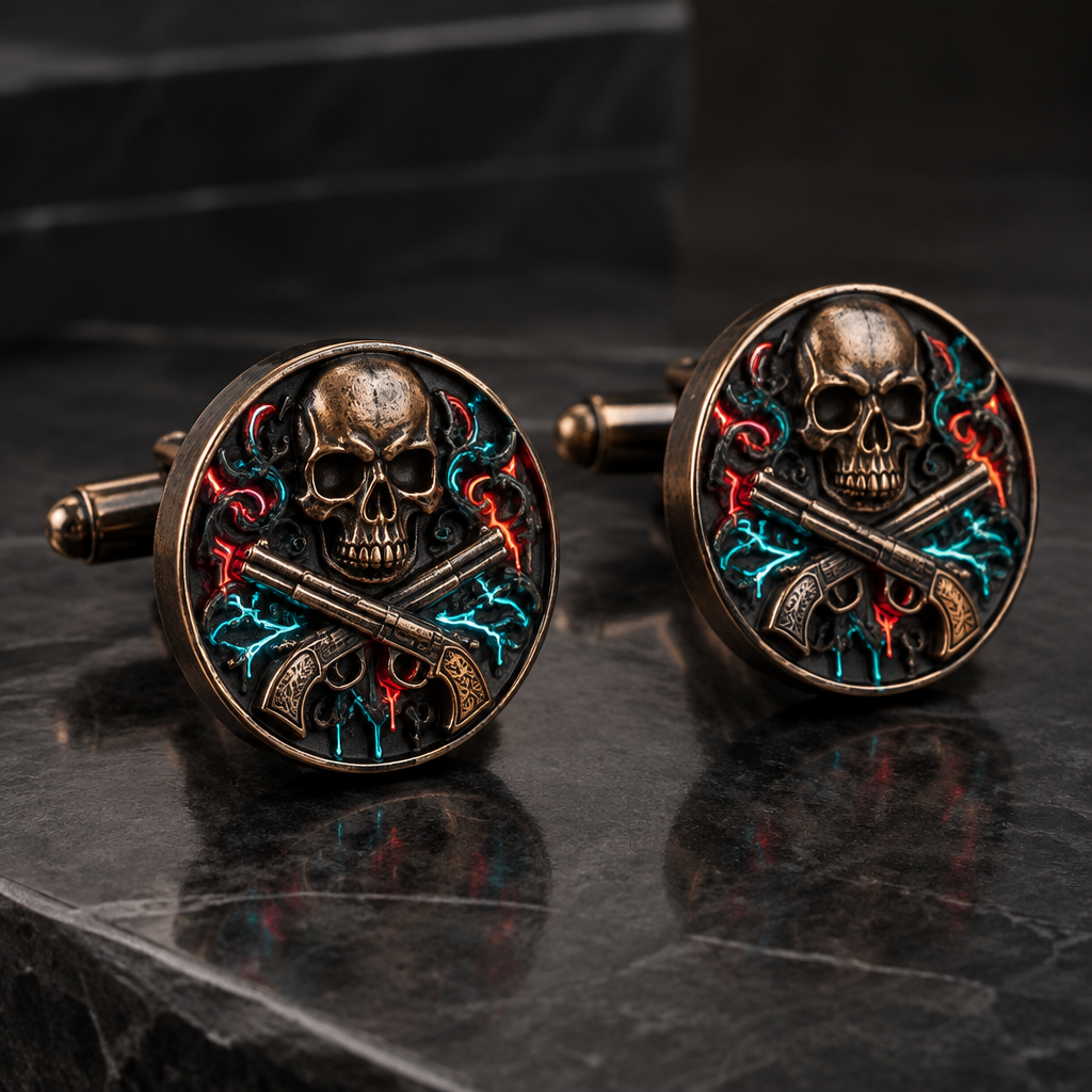 A gothic men's cufflinks made of copper suitable for formal. a skull with neon graffiti around the skull and pistols crossing
photorealistic jewelry design, A gothic men's cufflinks made of copper suitable for formal. a skull with neon graffiti around the skull and pistols crossing, gothic style, just the design no text