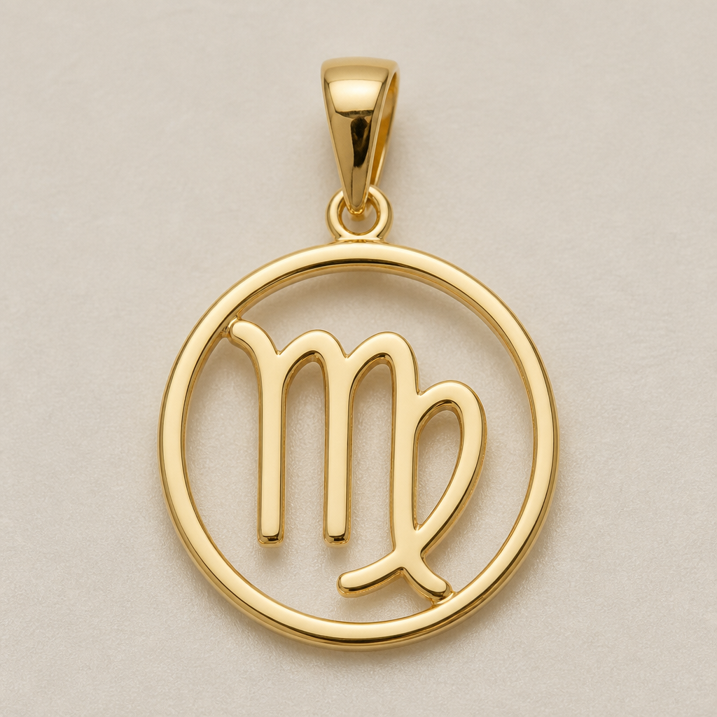 A minimalist women's pendant made of gold. colgante del signo del zodiaco de virgo dentro de un círculo
photorealistic jewelry design, A minimalist women's pendant made of gold. colgante del signo del zodiaco de virgo dentro de un círculo, minimalist style, just the design no text