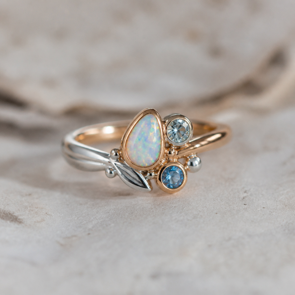 A minimalist women's ring made of mixed metal with opal and topaz and aquamarine stones suitable for festival. A modern women ring with little ornaments of modern motifs.
photorealistic jewelry design, A minimalist women's ring made of mixed metal with opal and topaz and aquamarine stones suitable for festival. A modern women ring with little ornaments of modern motifs., minimalist style, just the design no text