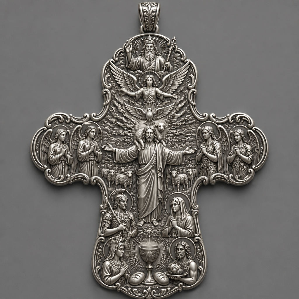 A baroque men's pendant made of silver suitable for festival. A delicate beautiful and elegant Cross with Jesus Christ as the good shepherd with His hands wide open to receive all of us, with a beautiful delicate sheep on His shoulders with a herd of sheep backward of Him. Over Jesus Christ to be placed the Holy Spirit as an Angel with a beautiful delicate elegant and thin body, with a beautiful delicate and elegant face, with long hair, with big wings flying toward us with His hands wide open, under the Angel to be placed a dove flying toward us, both the Angel and the dove to be surrounded by tongues of fire radiating light and fire to Jesus Christ and the herd. Over the Holy Spirit to be placed God the Father with a beautiful delicate and elegant crown on His head holding a beautiful delicate and elegant sceptre with His left hand and blessing the world with His right hand. At the bottom of the Cross to be placed the Holy Communion with a beautiful delicate and elegant chalice and two breads. At the right side of the Cross to be placed Saint Michael the Archangel with His beautiful delicate and elegant armour Praying and Saint Gabriel the Archangel Praying. At the left side of the Cross to be placed Saint Rafael the Archangel Praying and the Guardian Angel Praying. At the lower right side of the lower part of the Cross to be placed Saint John the Baptist holding a beautiful delicate and elegant platter with his head on it. At the lower left side of the lower part of the Cross to be placed Saint Veronica Praying. At the upper right side of the lower part of the Cross to be placed Virgo Maria Praying. At the upper left side of the lower part of the Cross to be placed Saint George with his beautiful delicate and elegant armour with his sword and his javelin and his beautiful delicate and elegant helmet on his head.
photorealistic jewelry design, A baroque men's pendant made of silver suitable for festival. A delicate beautiful and elegant Cross with Jesus Christ as the good shepherd with His hands wide open to receive all of us, with a beautiful delicate sheep on His shoulders with a herd of sheep backward of Him. Over Jesus Christ to be placed the Holy Spirit as an Angel with a beautiful delicate elegant and thin body, with a beautiful delicate and elegant face, with long hair, with big wings flying toward us with His hands wide open, under the Angel to be placed a dove flying toward us, both the Angel and the dove to be surrounded by tongues of fire radiating light and fire to Jesus Christ and the herd. Over the Holy Spirit to be placed God the Father with a beautiful delicate and elegant crown on His head holding a beautiful delicate and elegant sceptre with His left hand and blessing the world with His right hand. At the bottom of the Cross to be placed the Holy Communion with a beautiful delicate and elegant chalice and two breads. At the right side of the Cross to be placed Saint Michael the Archangel with His beautiful delicate and elegant armour Praying and Saint Gabriel the Archangel Praying. At the left side of the Cross to be placed Saint Rafael the Archangel Praying and the Guardian Angel Praying. At the lower right side of the lower part of the Cross to be placed Saint John the Baptist holding a beautiful delicate and elegant platter with his head on it. At the lower left side of the lower part of the Cross to be placed Saint Veronica Praying. At the upper right side of the lower part of the Cross to be placed Virgo Maria Praying. At the upper left side of the lower part of the Cross to be placed Saint George with his beautiful delicate and elegant armour with his sword and his javelin and his beautiful delicate and elegant helmet on his head., baroque style, just the design no text
