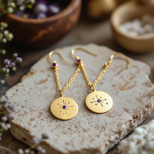 Серьги длинные на цепочках матовое золото мятое. Символ схематично созвездие. Маленькие фиолетовые камушки