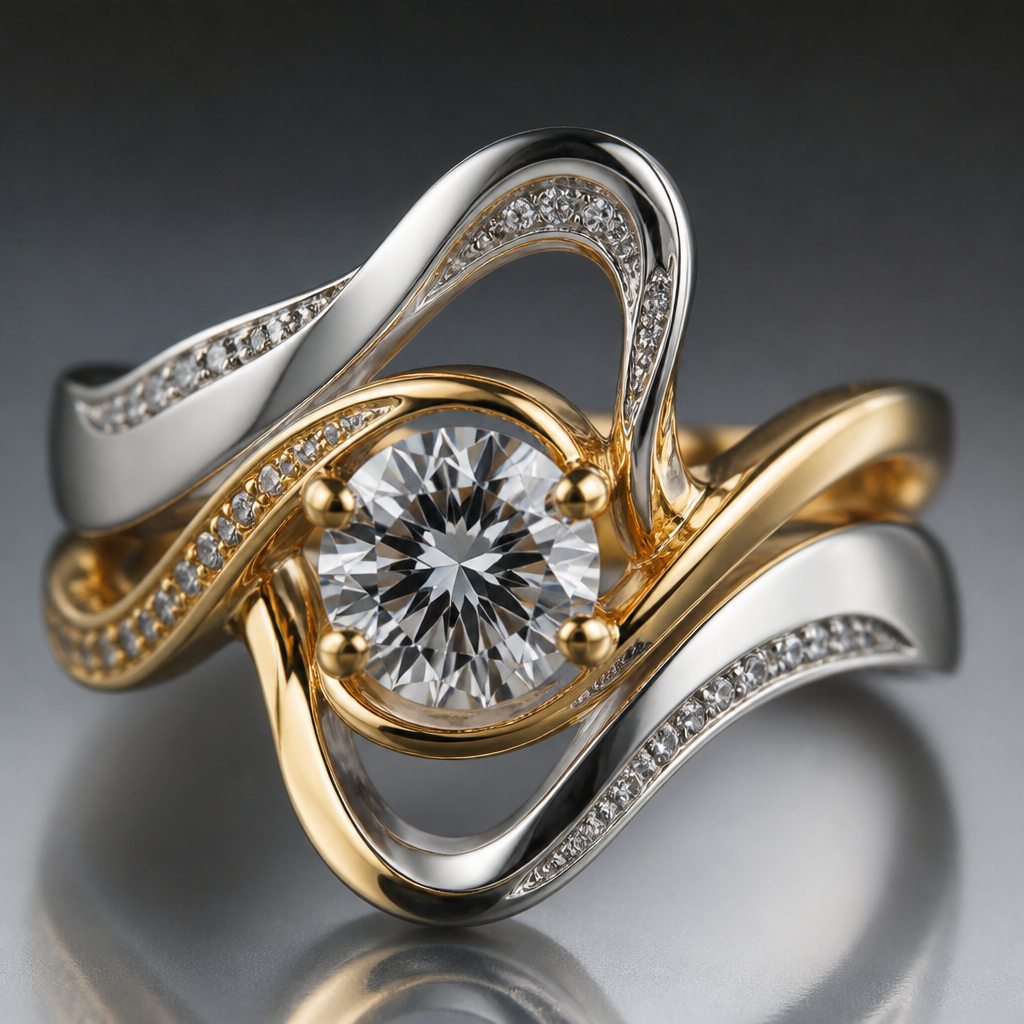 A avant-garde women's ring made of mixed metal with diamond stones suitable for festival. An extraordinary excellent beautiful delicate and elegant solitaire women ring. Face of the ring.
photorealistic jewelry design, A avant-garde women's ring made of mixed metal with diamond stones suitable for festival. An extraordinary excellent beautiful delicate and elegant solitaire women ring. Face of the ring., avant_garde style, just the design no text
