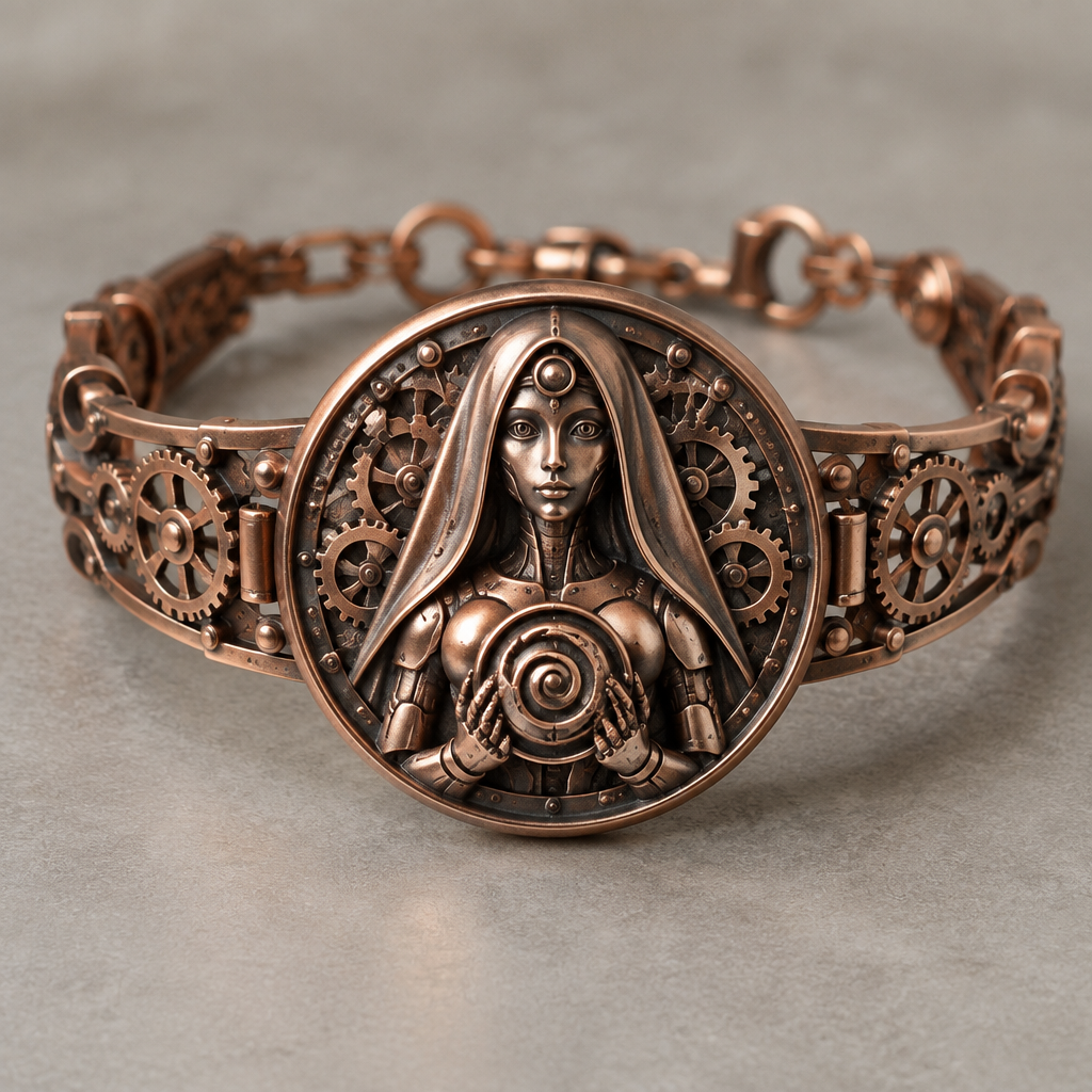 A steampunk women's bracelet made of copper suitable for daily wear. a a android woman with vail facing foward holding a spiral on a coin style
photorealistic jewelry design, A steampunk women's bracelet made of copper suitable for daily wear. a a android woman with vail facing foward holding a spiral on a coin style, steampunk style, just the design no text