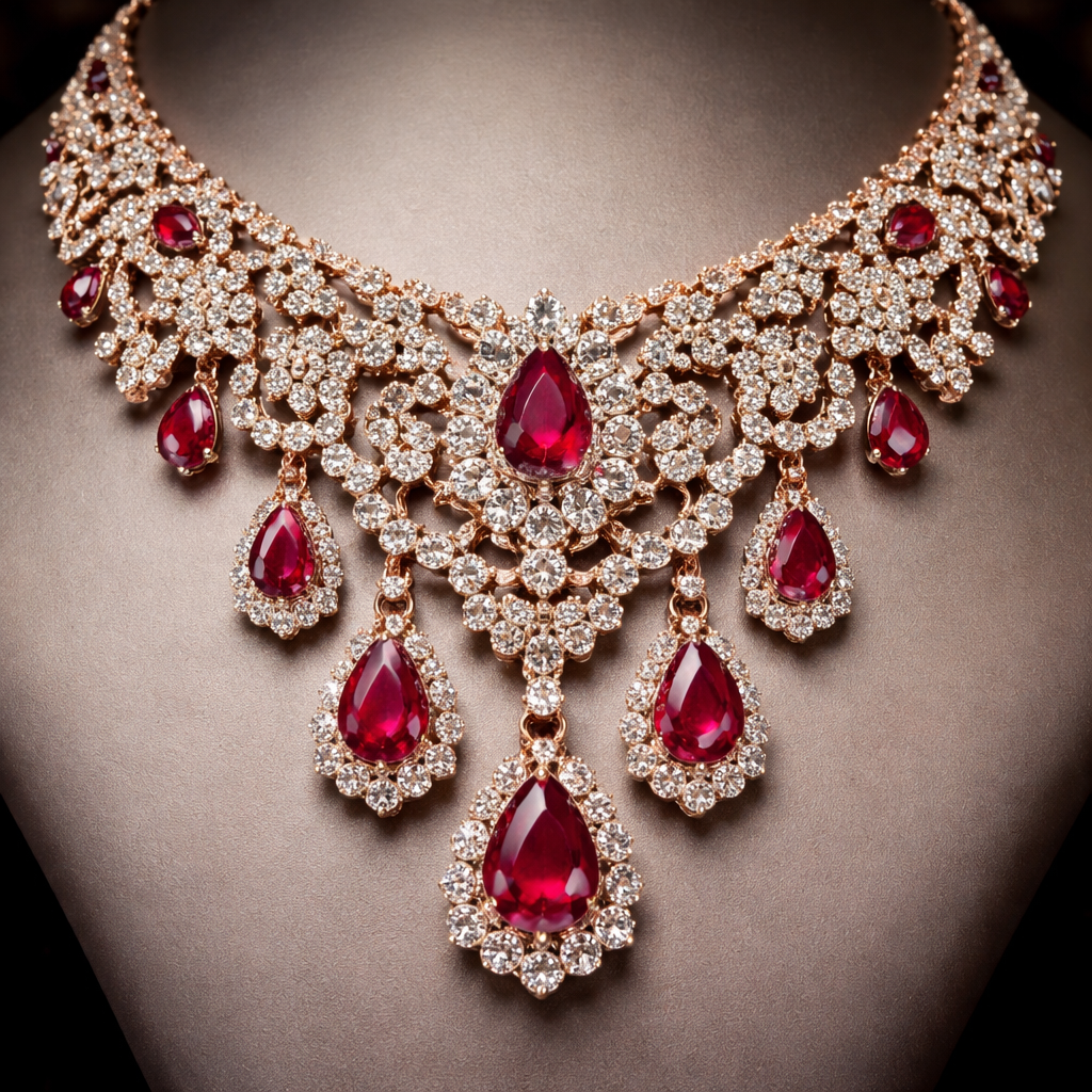 A luxury women's necklace made of rose gold with diamond and ruby stones suitable for wedding. a special necklace and that are only one piece in our world and heavy
A luxury women's necklace made of rose gold with diamond and ruby stones suitable for wedding. a special necklace and that are only one piece in our world and heavy, luxury style