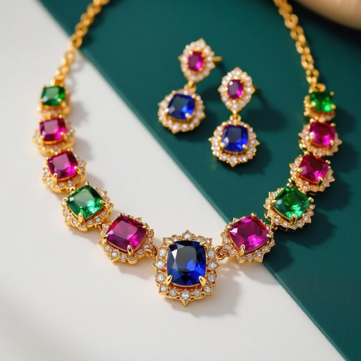 Necklace and ring and earring with luxury colorful jewel with gold