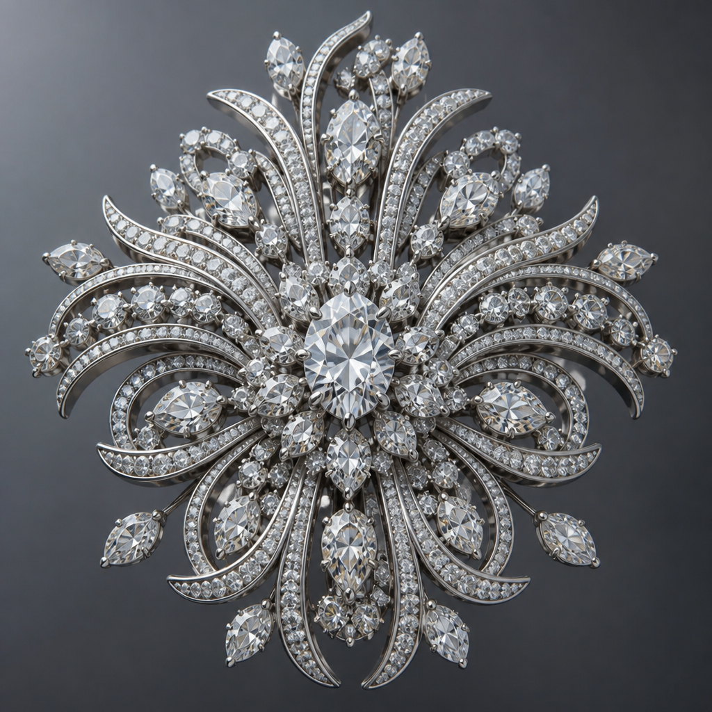 A women's ring. Diamond Brooch Large Crest
photorealistic jewelry design, A women's ring. Diamond Brooch Large Crest, modern style, just the design no text