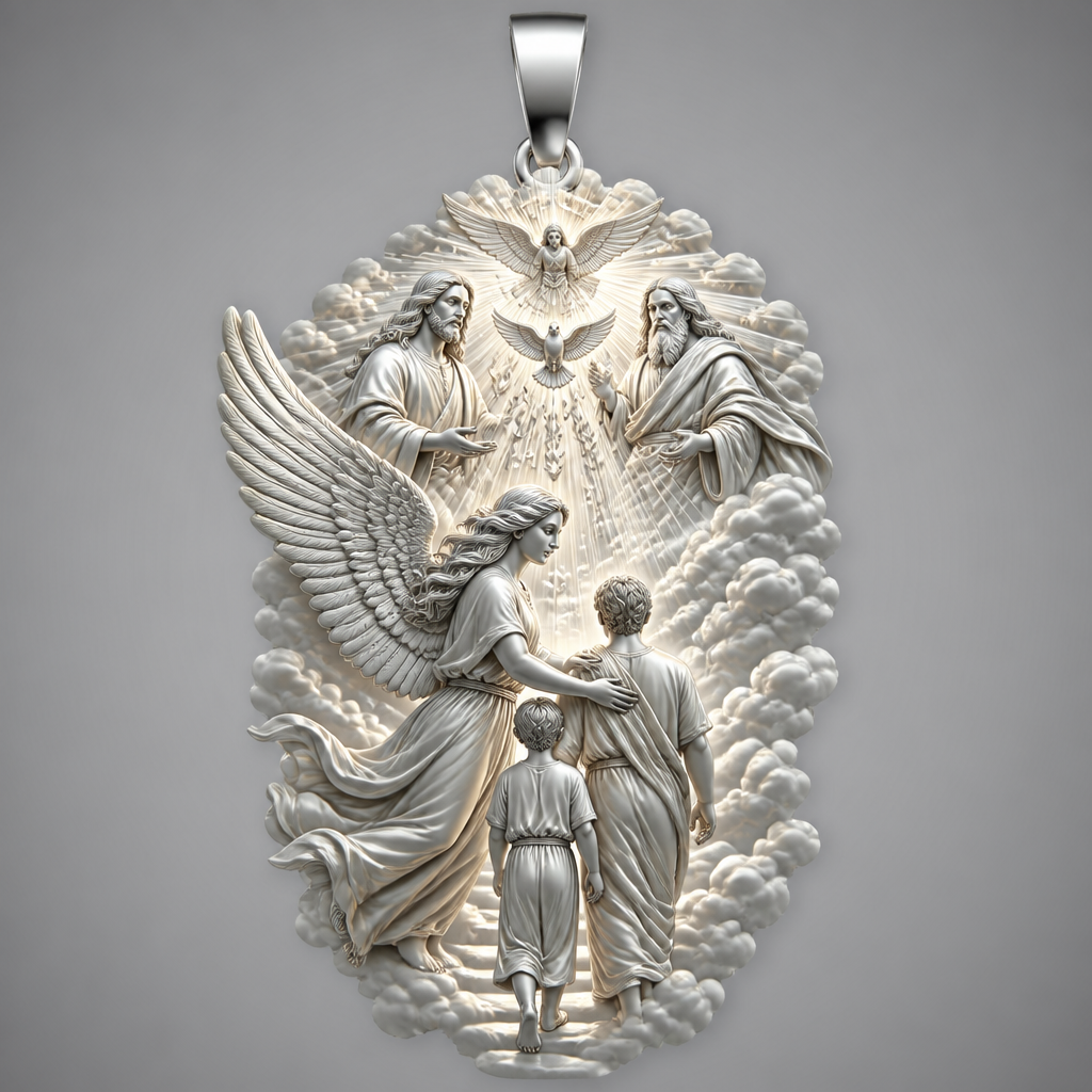 A modern women's pendant made of silver suitable for festival. An extraordinary excellent beautiful delicate and elegant pendant with the Guardian Angel with a beautiful delicate and elegant face, with long hair, with big wings flying, with a beautiful delicate elegant and with beautiful curves at her body, with a beautiful delicate and elegant tunic holding a child and an adult with its hands protecting them and guiding them on the way of the Holy Trinity. Sawing the way of the Holy Trinity in front of them God the Father, God the Son and God the Holy Spirit, the Holy Spirit to be as an Angel with a dove under the Angel surrounded by tongues of fire radiating light to the persons and the Guardian Angel, without the surrounding metals of the pendant. All the persons and the surrounding area to be 3D like statues. With less metal of the pendant and more accurate persons and only the persons and the clouds and the rayes of light. Less metal at the pendant and more 3D persons to be seen all the persons 3D. The persons to be sawn going straight on the way to the Holy Trinity. Part of the face of the persons to be seen.