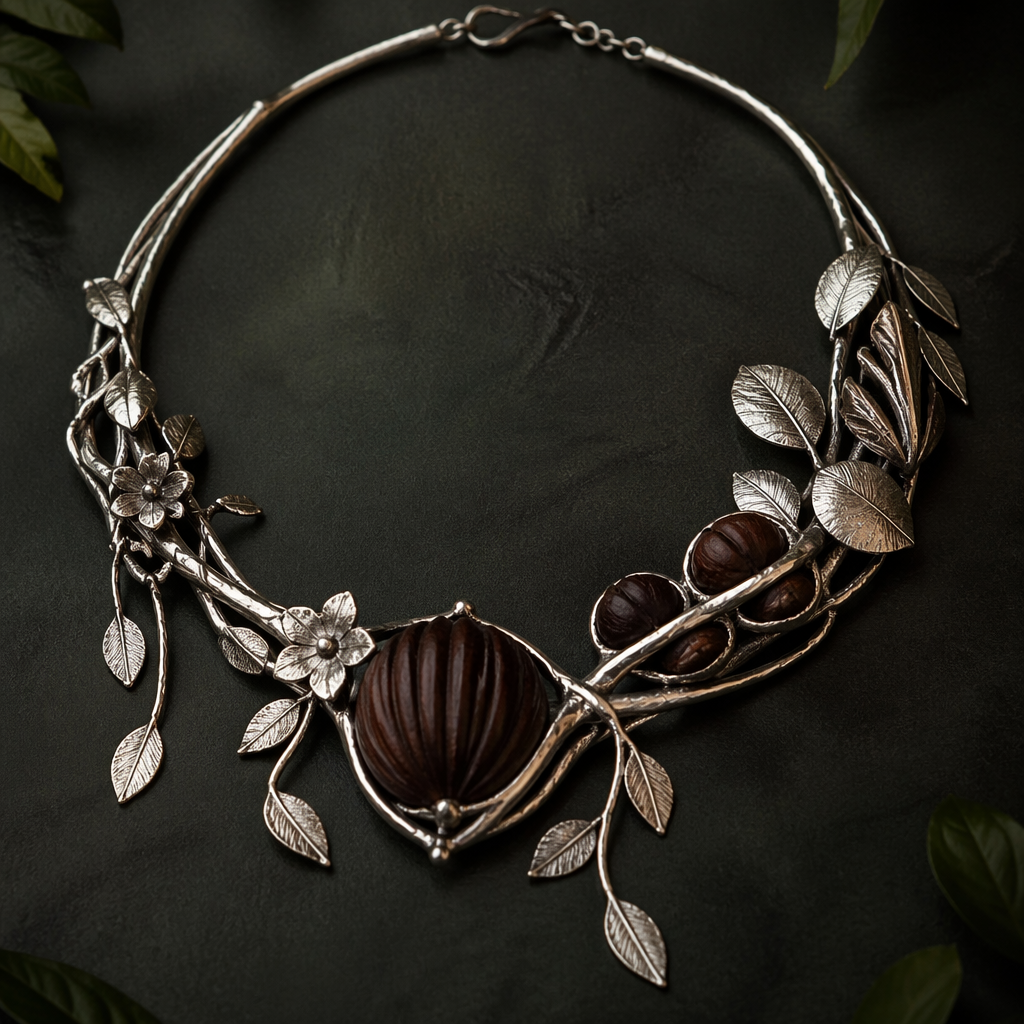 Crie uma joia em prata 925 feito exclusivamente a mão com o tema Amazônia brasileira, vc pode usar sementes como jarina pra trazer um ar mais natureza e com referências da Amazônia
photorealistic jewelry design, Crie uma joia em prata 925 feito exclusivamente a mão com o tema Amazônia brasileira, vc pode usar sementes como jarina pra trazer um ar mais natureza e com referências da Amazônia
, just the design no text