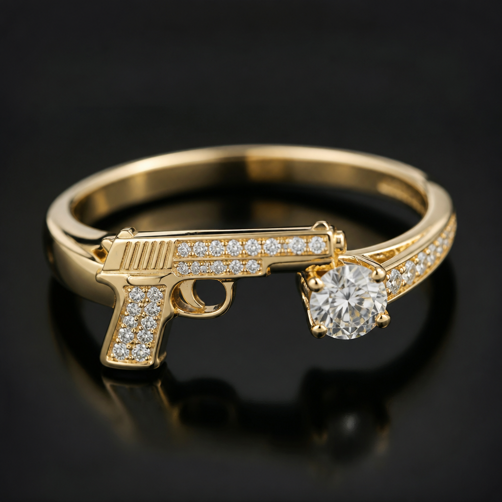 A women's ring made of gold with diamond stones. create a ring with a diamond gun on the side saying "336 Kelly"
photorealistic jewelry design, A women's ring made of gold with diamond stones. create a ring with a diamond gun on the side saying "336 Kelly", modern style, just the design no text