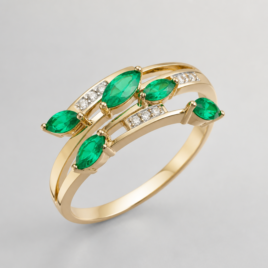 A women's ring with emerald stones
photorealistic jewelry design, A women's ring with emerald stones, modern style, just the design no text