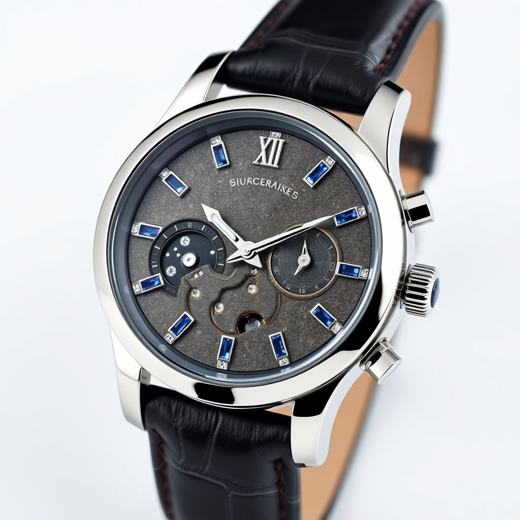 Create a male watch made of white gold, Gibeon meteorite,sapphire crystals
Design an exquisite luxury male watch that showcases a stunning white gold case, elegantly contoured for comfort. The watch face features polished Gibeon meteorite, complemented by intricate sapphire crystals that glimmer with every movement. Envision a sophisticated leather strap, enhancing the opulence while providing a bold statement of refined masculinity.