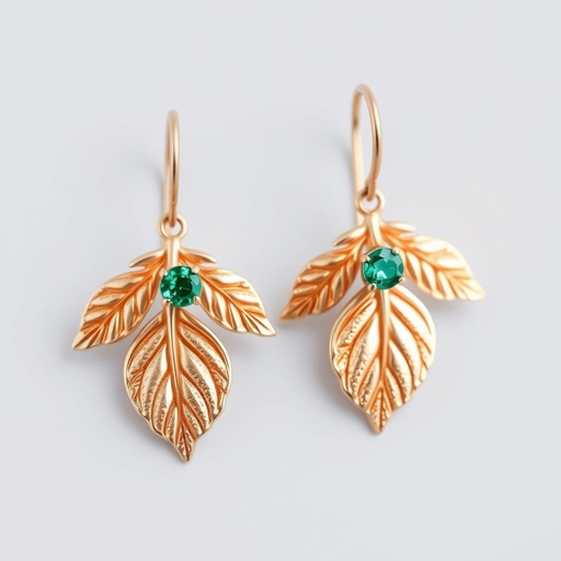 Pink gold two leaves with small emeralds ear ring on top