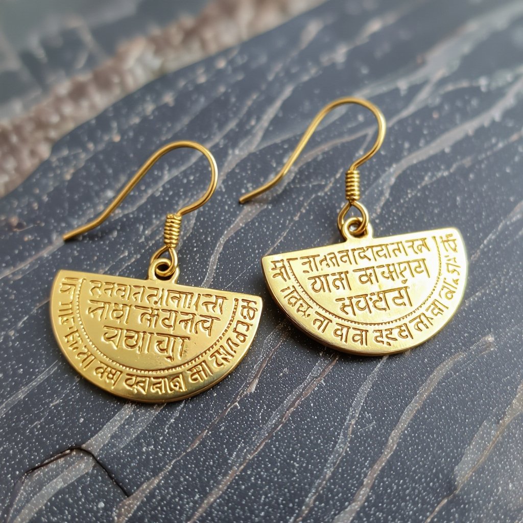 Серьги золотые в форме полукруга, полукруг как продолжение застежки, на полукруге надписи мантрами на санскрите