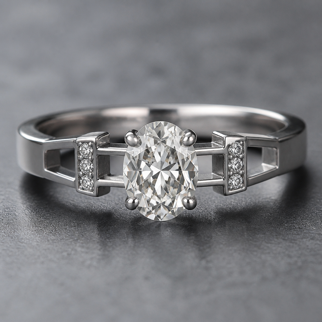 A industrial women's ring with diamond stones suitable for wedding, minimalist, simple and delicate, clean lines. A 0.70-carat oval diamond is used as the center stone.
photorealistic jewelry design, A industrial women's ring with diamond stones suitable for wedding, minimalist, simple and delicate, clean lines. A 0.70-carat oval diamond is used as the center stone., industrial style, just the design no text
