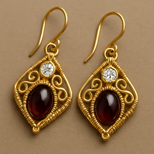 Create an advanced / expert level wire wrapped design for a pair of earrings that have 7x5 mm garnet cabochons with 1 white topaz 4mm faceted stone accent. Use 21 gauge gold colored square wire for the base, 21 gauge gold colored half round wire to connect pieces and 24 gauge round gold colored wire for wire weaved designs  