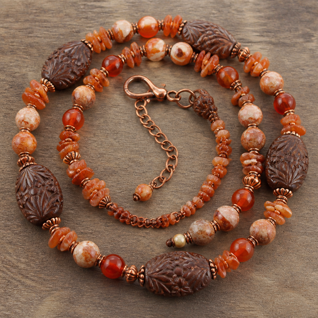 Genuine Natural Web Jasper Gemstone Beads 10mm, carnelian beads 8mm, orange sunstone chips 4-5mm, brown nut carved beads 22x16mm beads with copper findings
photorealistic jewelry design, Genuine Natural Web Jasper Gemstone Beads 10mm, carnelian beads 8mm, orange sunstone chips 4-5mm, brown nut carved beads 22x16mm beads with copper findings , bohemian style, just the design no text