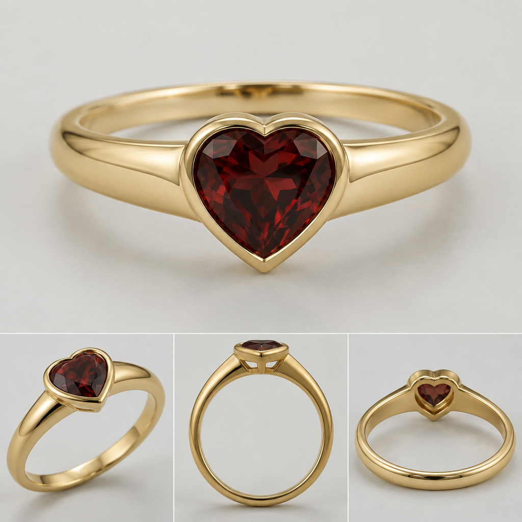 1 carat heart shaped garnet, yellow gold ring, low setting, 3.5mm where it gradually gets smaller to 2mm towards the bottom of the ring
photorealistic jewelry design, 1 carat heart shaped garnet, yellow gold ring, low setting, 3.5mm where it gradually gets smaller to 2mm towards the bottom of the ring , bezel style, just the design no text