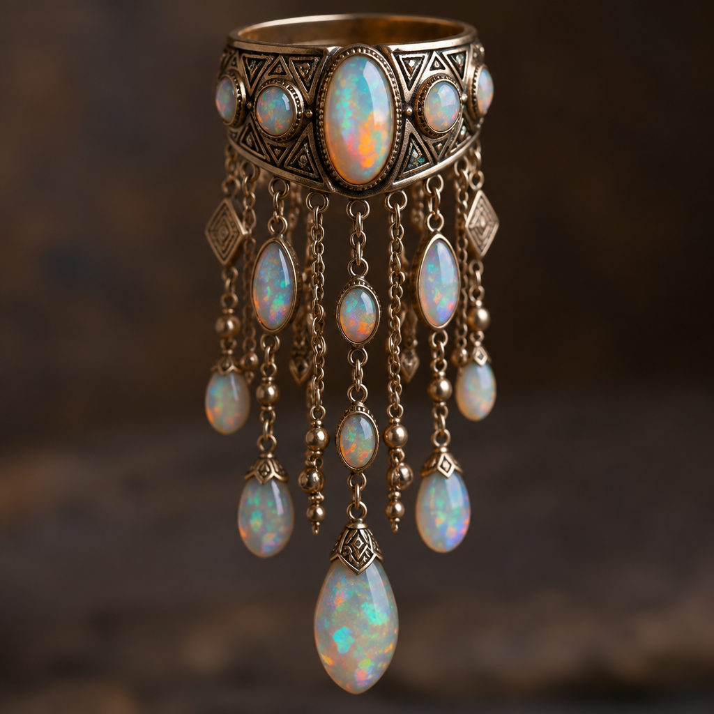 A tribal women's ring with opal stones, detailed and decorative, moderately ornate. I wanted to dangle down to my shoulders and have multiple gemstones
photorealistic jewelry design, A tribal women's ring with opal stones, detailed and decorative, moderately ornate. I wanted to dangle down to my shoulders and have multiple gemstones, tribal style, just the design no text
