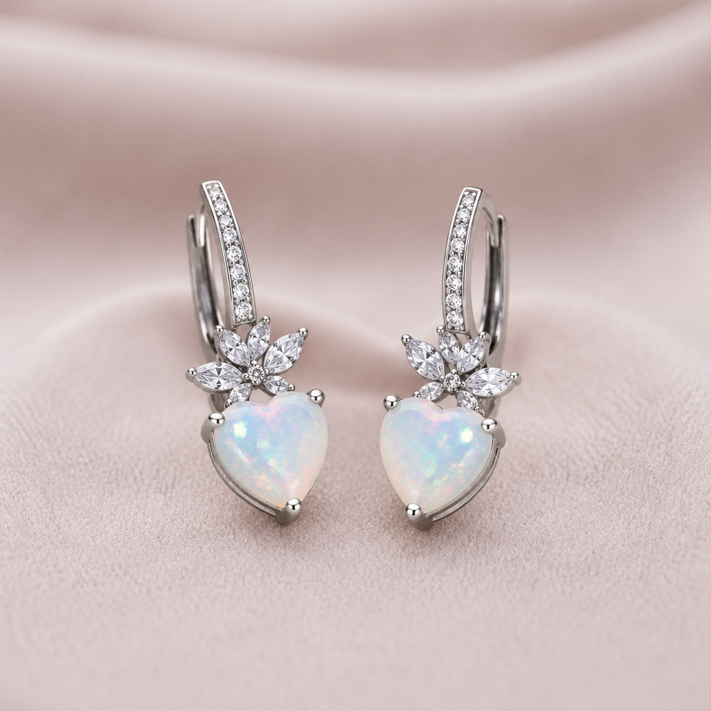 A romantic women's earrings made of titanium with opal stones suitable for engagement
photorealistic jewelry design, A romantic women's earrings made of titanium with opal stones suitable for engagement, romantic style, just the design no text