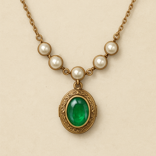 Simple lightweight, maybe 3 g of gold with pearls and an emerald locket