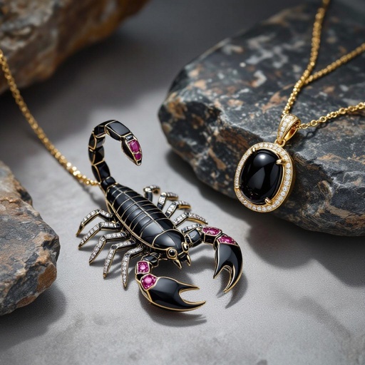 Creating completed set of Geomatric scorpion pendant of white and bkack and rubies diamonds gold accents for contrast. Incorporate a single, oval-cut gemstone-perhaps a striking emerald-set at an unconventional angle, creating a bold focal point that exudes contemporary elegance and sophistication. Envision a striking geometric scorpion pendant, intricately crafted with sharp angles in a combination of matte black and lustrous white metals. Accentuated with glittering ruby diamonds, the design features a single oval-cut emerald, expertly set at a daring tilt. This captivating piece marries edgy modernity with timeless elegance, perfect for bold fashion statements.The diamond is elegantly set in a sleek, minimalist rose gold frame that accentuates its brilliance. The modern aesthetic is enhanced with clean lines and asymmetry, making it a striking statement piece for the avant-garde wearer.